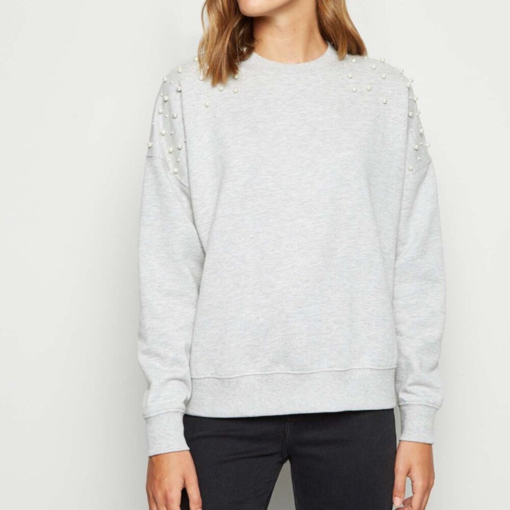 Grey Faux Pearl Embellished Sweatshirt